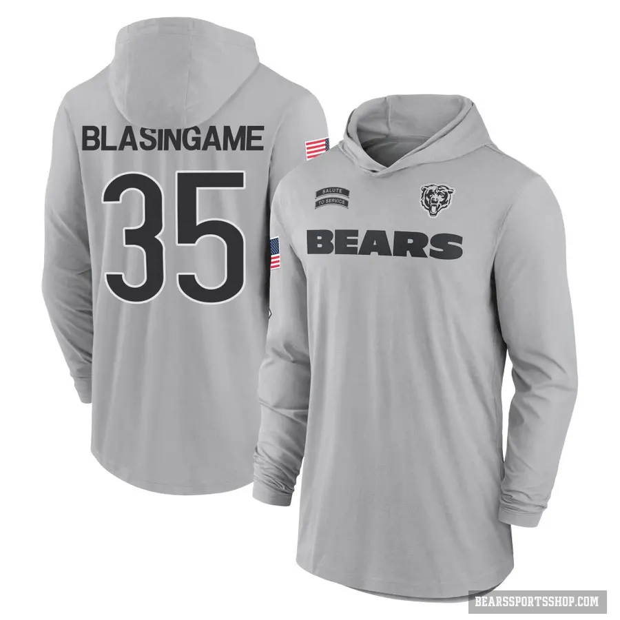 Men's ＃35 Khari Blasingame Chicago Bears Gray 2024 Salute to Service Lightweight Performance Long Sleeve Hooded T-Shirt