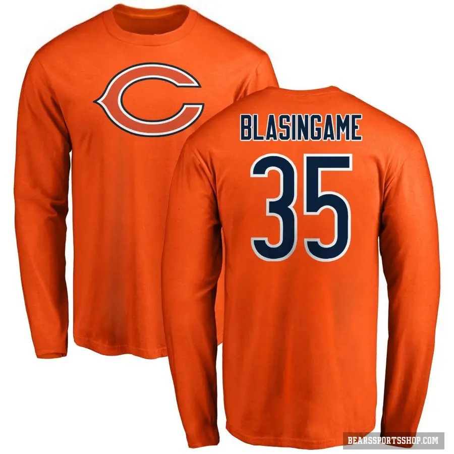 Men's ＃35 Khari Blasingame Chicago Bears Orange Logo Long Sleeve T-Shirt