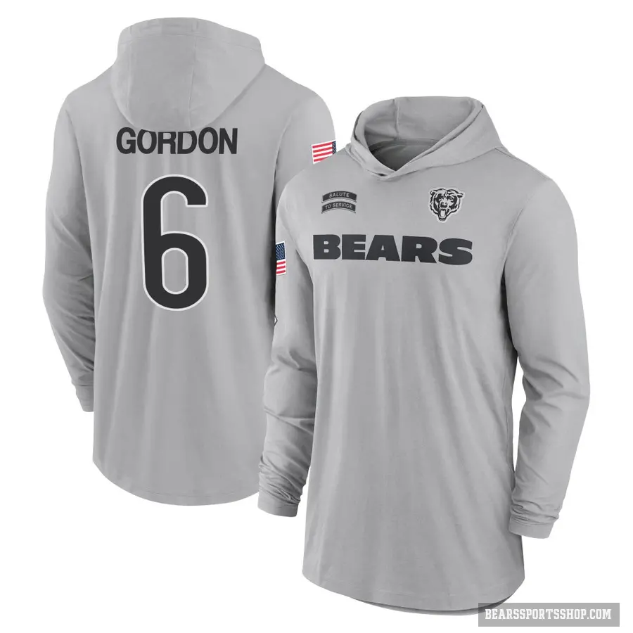 Men's ＃6 Kyler Gordon Chicago Bears Gray 2024 Salute to Service Lightweight Performance Long Sleeve Hooded T-Shirt