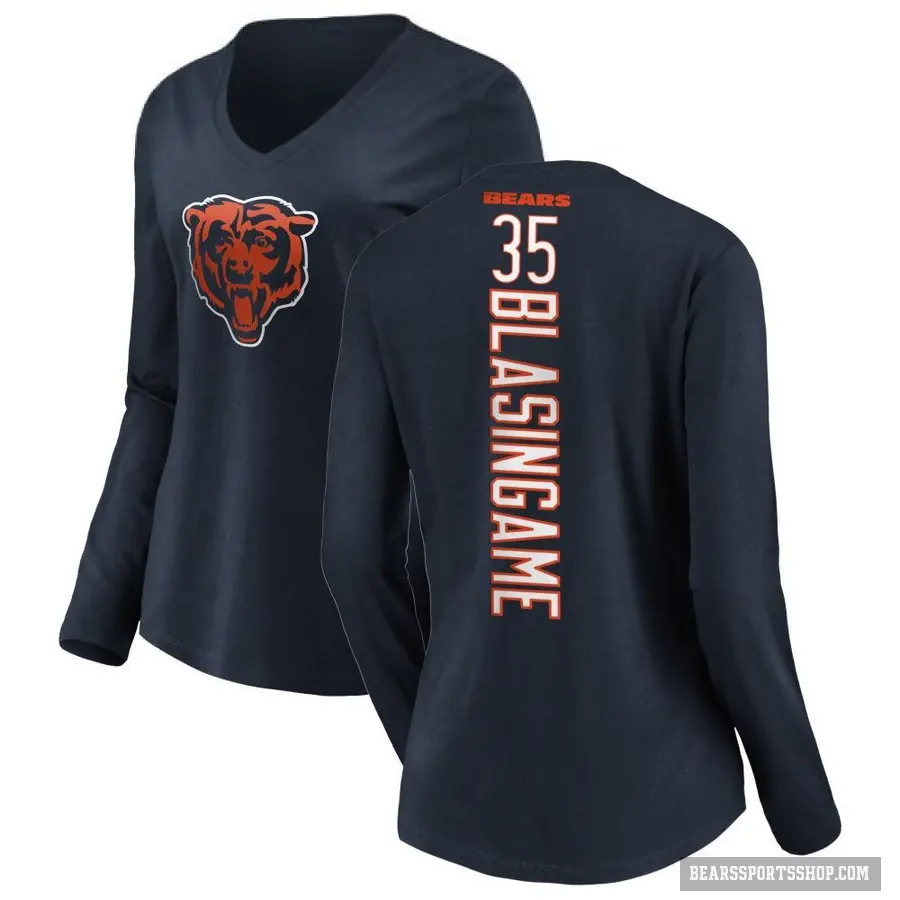 Women's ＃35 Khari Blasingame Chicago Bears Navy Backer Slim Fit Long Sleeve T-Shirt