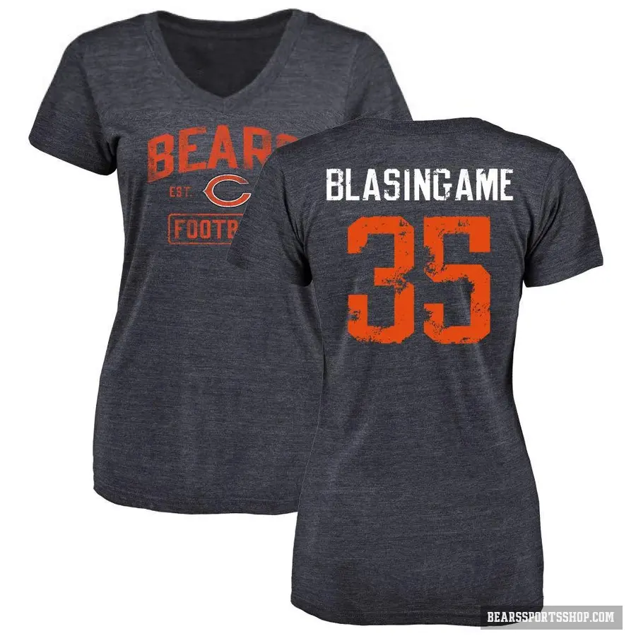 Women's ＃35 Khari Blasingame Chicago Bears Navy Distressed V-Neck T-Shirt