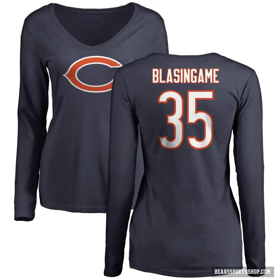 Women's ＃35 Khari Blasingame Chicago Bears Navy Logo Slim Fit Long Sleeve T-Shirt