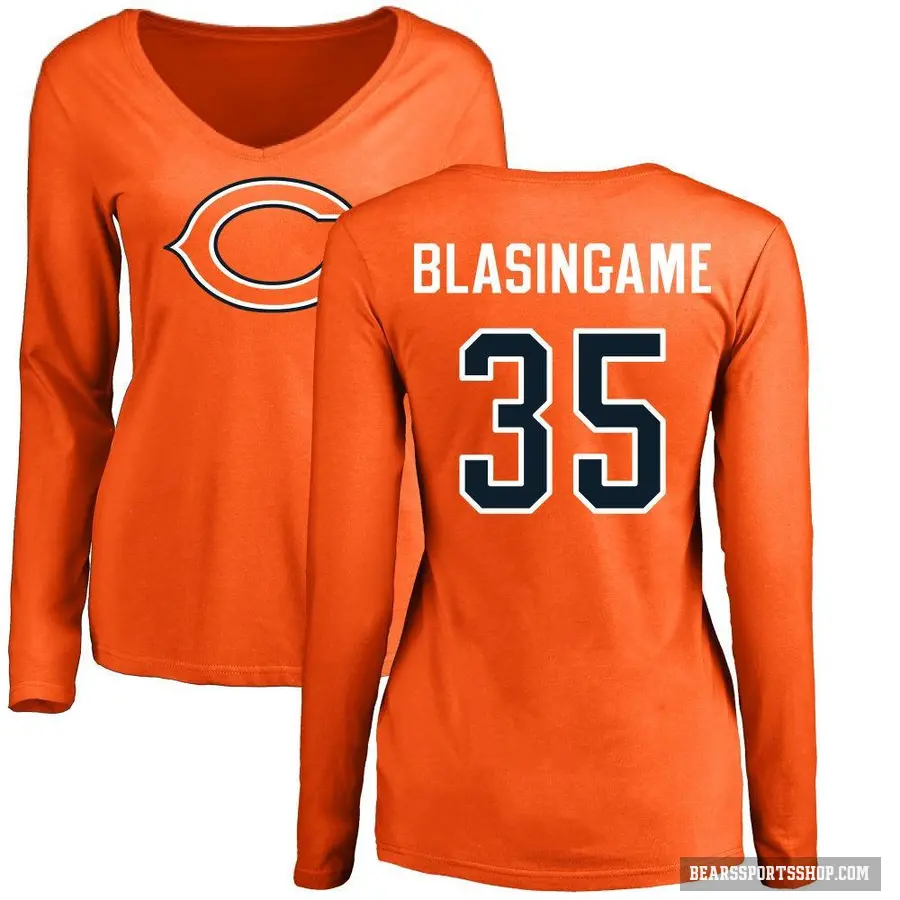 Women's ＃35 Khari Blasingame Chicago Bears Orange Logo Slim Fit Long Sleeve T-Shirt