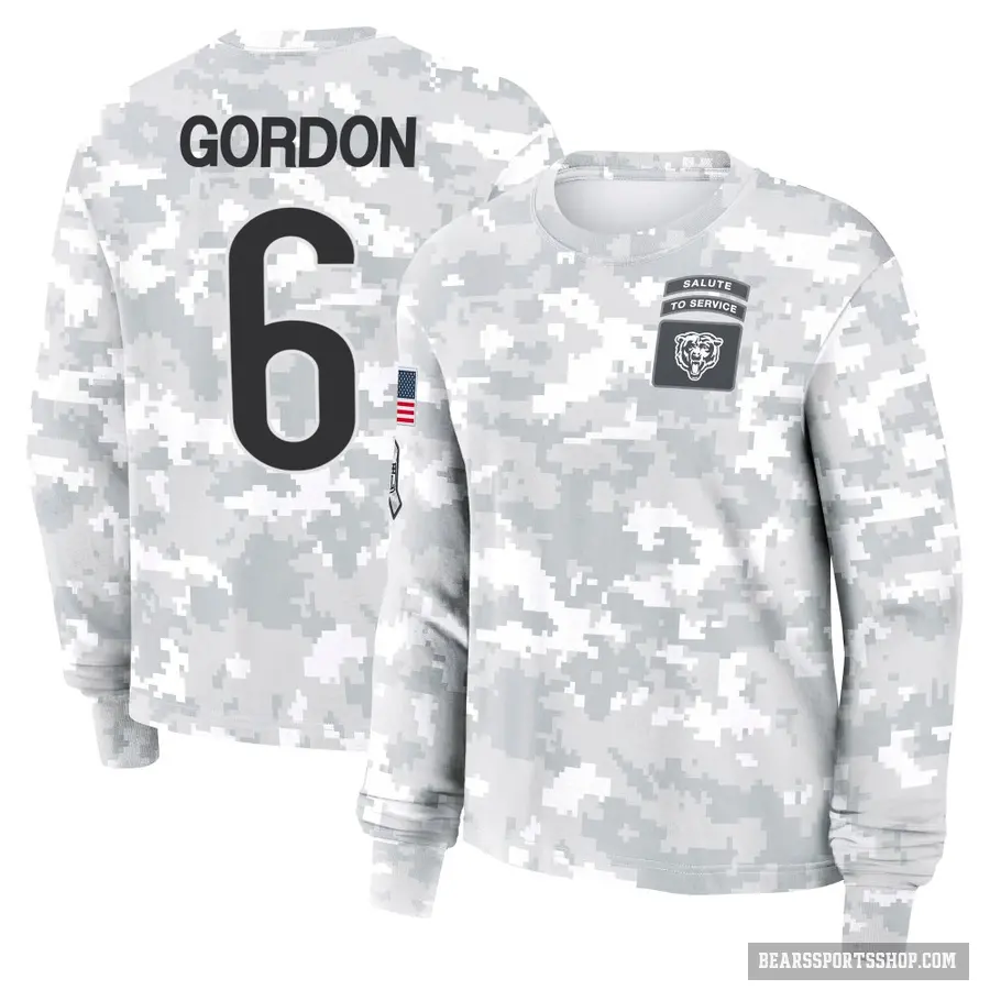 Women's ＃6 Kyler Gordon Chicago Bears Camo Arctic 2024 Salute to Service Long Sleeve T-Shirt