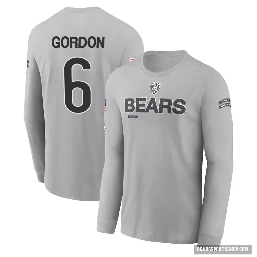 Youth ＃6 Kyler Gordon Chicago Bears Gray 2024 Salute to Service Long Sleeve T-Shirt